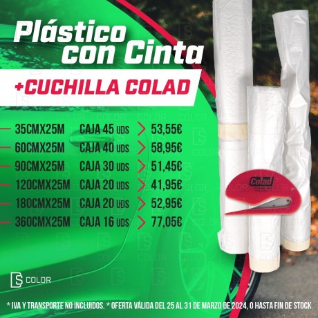 DS Color-DS COLOR-PLASTICO CON CINTA 90CMx25M CAJA 30uds + CUCHILLA COLAD
